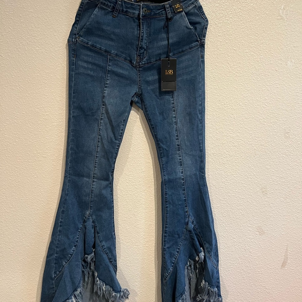 L&B lucky and blessed raw hem high rise wide leg flare jeans